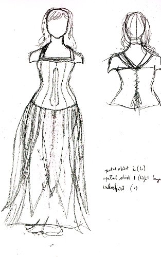 Dress sketch: long fluffy skirt, long flowing sleeves, corset base